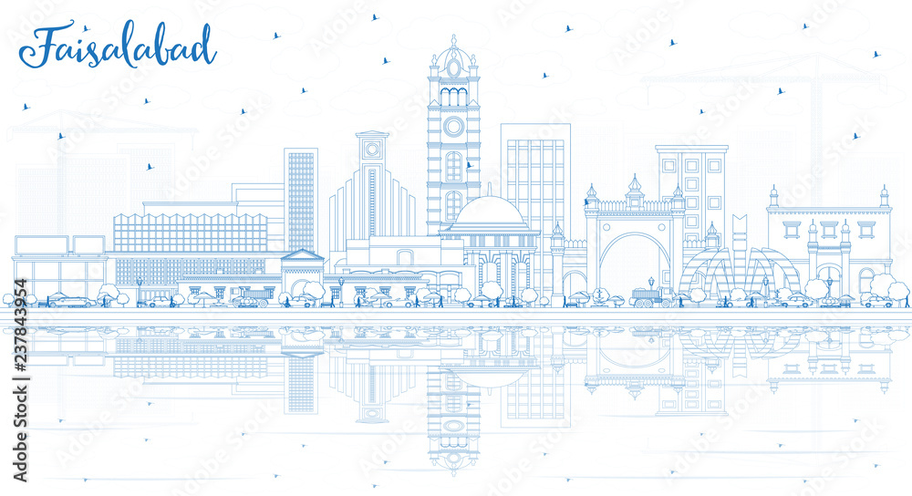 Outline Faisalabad Pakistan City Skyline with Blue Buildings and Reflections.