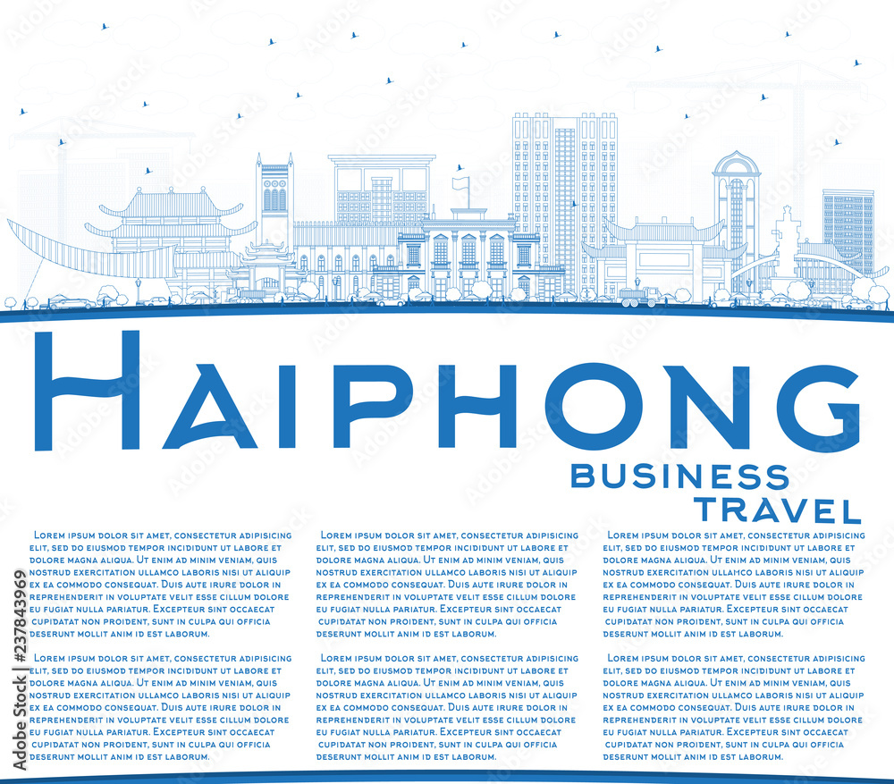 Outline Haiphong Vietnam City Skyline with Blue Buildings and Copy Space.