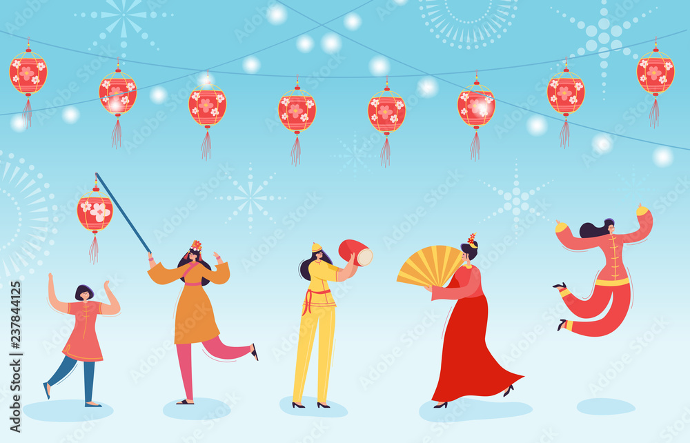 Chinese Lunar New Year Dance Characters, happy dancer in china traditional costume holding lanterns on parade or carnival, people in cartoon style vector illustration
