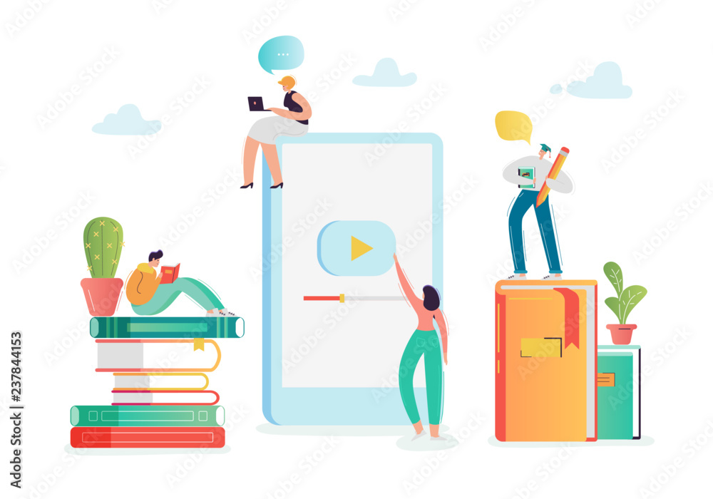 Online Education Concept with Students Characters Learning on Webinar. E-learning Technology, Internet Library, Graduation, Distant Training Courses. Vector illustration Online Education Concept with Students Characters Learning on Webinar. E-learning Technology, Internet Library, Graduation, Distant Training Courses. Vector illustration