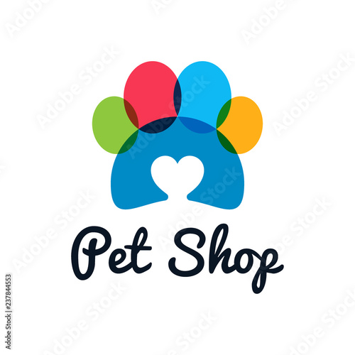 pet shop logo. Pet paw with heart on white background