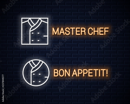 Chef uniform neon sign. Chefs jacket linear neon set on wall background