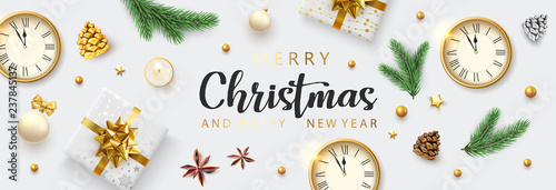 Merry Christmas and Happy New Year banner with clock, gifts and holiday decorations.