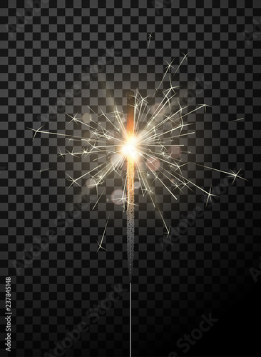 Sparkling bengal light on transparent background for Christmas and New Year decoration.