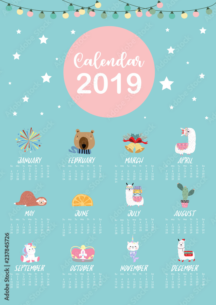 Cute monthly calendar 2019 with llama,firework,cactus,caticorn,bear for children.Can be used for web,banner,poster,label and printable