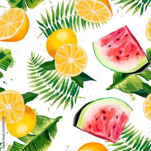 Seamless pattern with tropical leaves  watermelons and oranges.