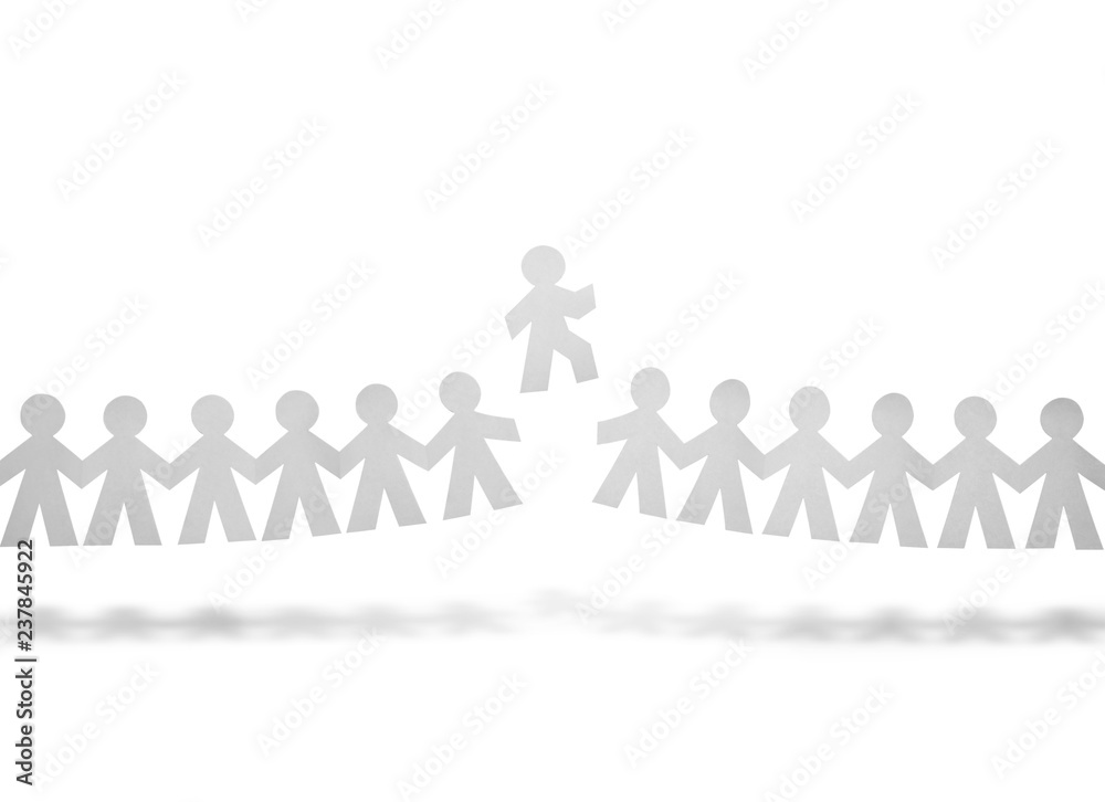 Member of team standing out from the crowd with white background