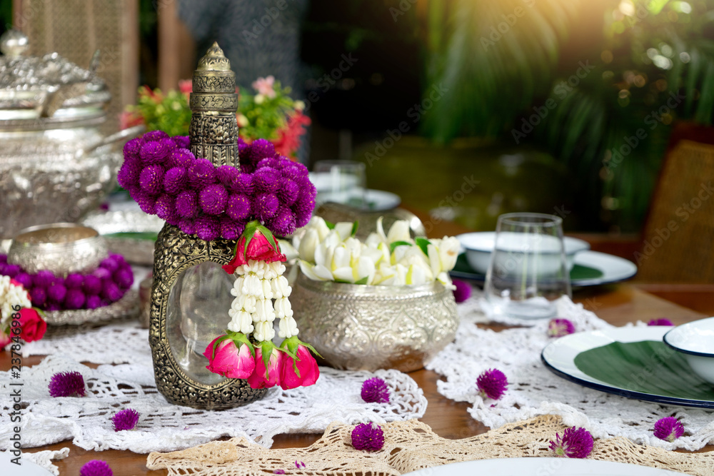 Thai food table decoration silver ware garland