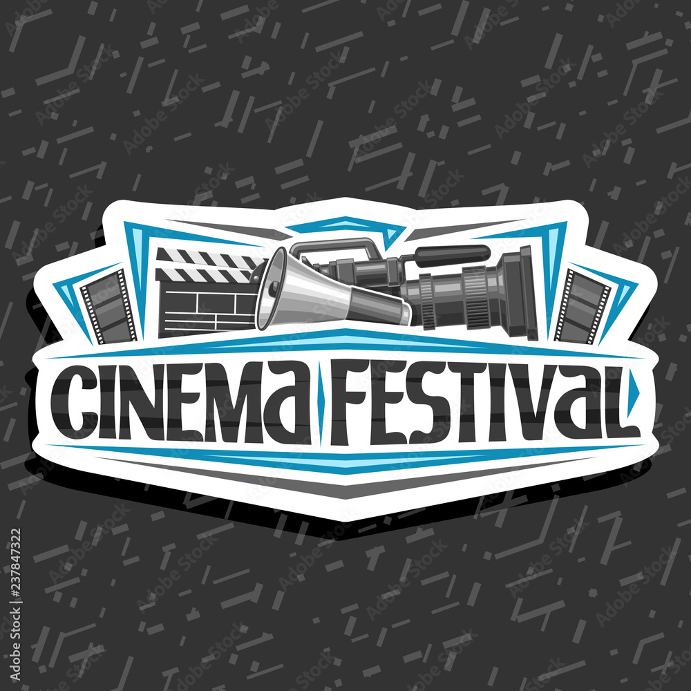 Vector logo for Cinema Festival, white decorative signage with professional film equipment, speaking trumpet, lettering for words cinema festival, illustration of movie symbols on abstract background.