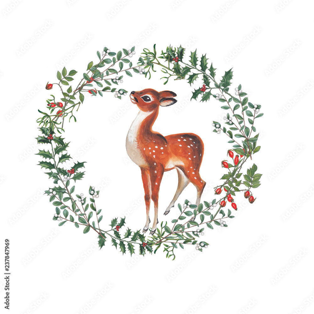 Obraz premium Christmas watercolor wreath with deer.