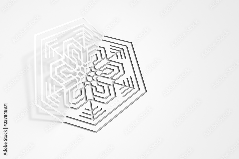 Carved paper snowflake folded in half, bent, casts a beautiful shadow 3d illustration. Carved paper snowflake folded in half, bent, casts a beautiful shadow 3d illustration.
