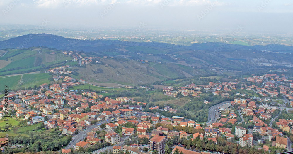 Residential areas at the foot of the mountains in the Republic of San Marino in Italy