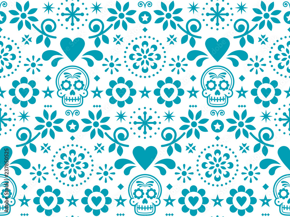Sugar skull vector seamless pattern inspired by Mexican folk art, Dia de Los Muertos repetitive design in turquoise on white background