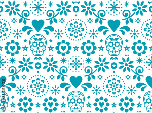 Sugar skull vector seamless pattern inspired by Mexican folk art, Dia de Los Muertos repetitive design in turquoise on white background