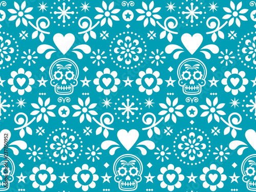 Sugar skull vector seamless pattern inspired by Mexican folk art, Dia de Los Muertos repetitive design in white on turquoise background