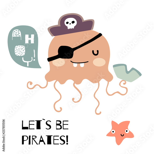 Doodle jellyfish piratical card. Hand drawn vector illustration