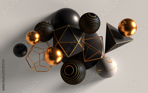 Cluster of abstract spheres and solids, gold, white and black, 3d render