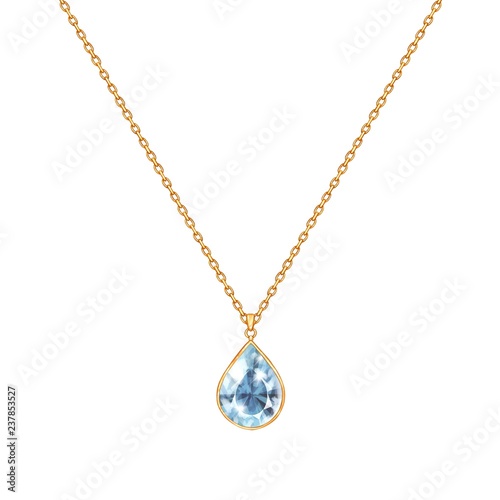 Golden chain necklace with gem. Jewelry design isolated on white