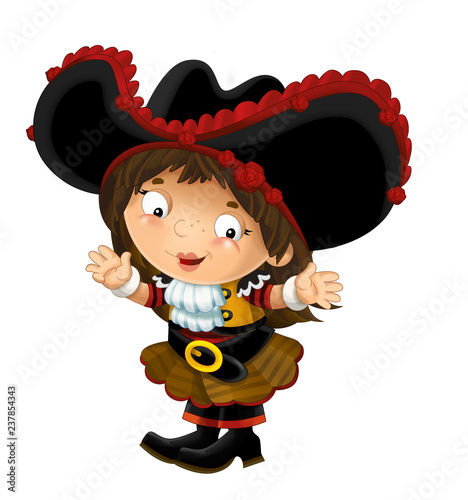 happy smiling cartoon medieval pirate woman standing smiling and looking on white background - illustration for children