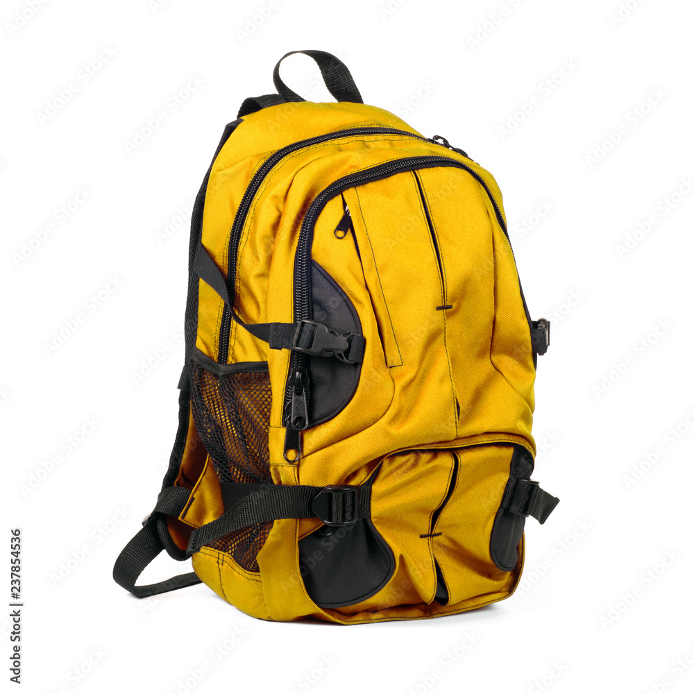 Black and yellow carry on backpack for travel isolated on white background. Children's school satchel bagpack, colored briefcase for teens - obrazy, fototapety, plakaty 