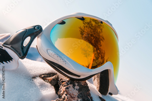 ski goggles on the snow