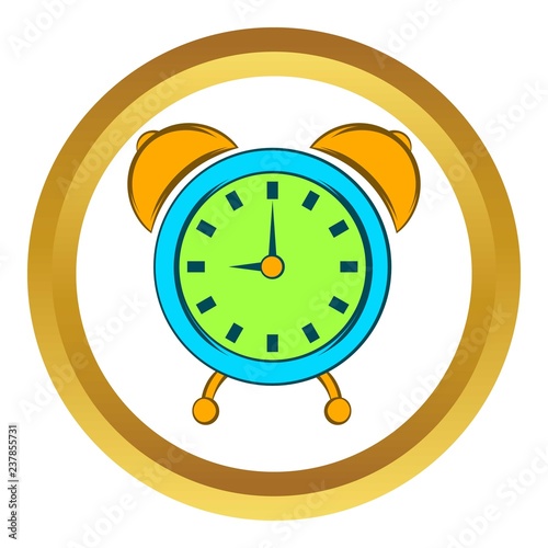 Alarm clock vector icon in golden circle, cartoon style isolated on white background