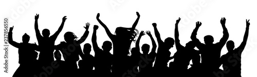 Cheerful crowd people. Stand alone, separate group of people. Silhouette party celebrating. Applause people hands up. Vector Illustration
