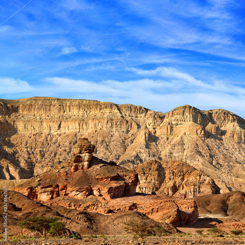 Stony desert and rocks panoramic landscape. Timna geological national park. Israel