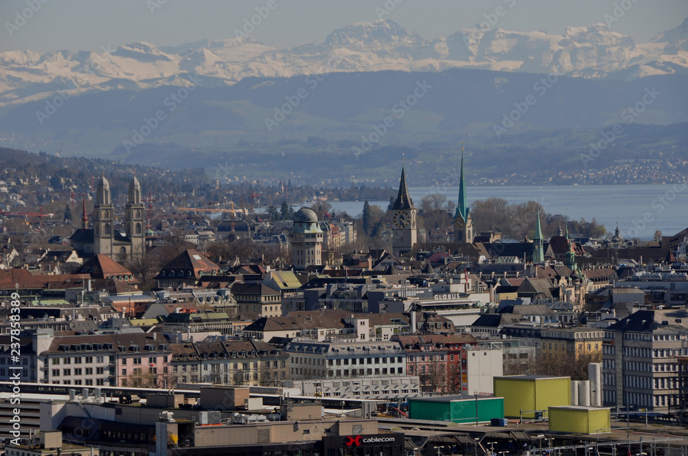 Fototapeta Panoramic view of Zürich-City from Switzerlands second highest skyscraper