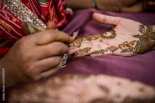applying henna on hand, Hindu wedding ,Rajasthan, India