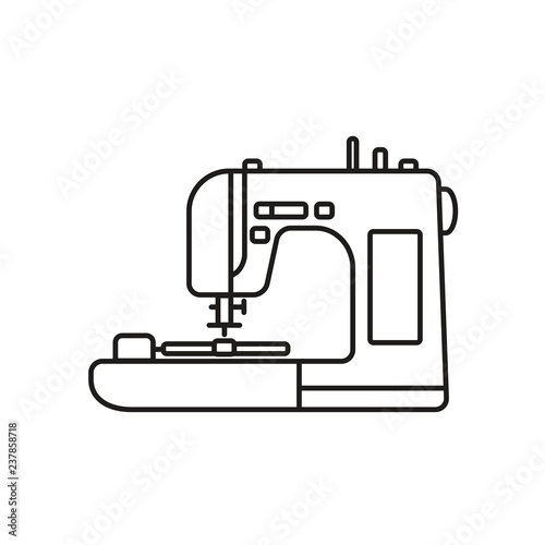 Black & white vector illustration of embroidery sewing machine. Line icon of patchwork quilt tool. Isolated object