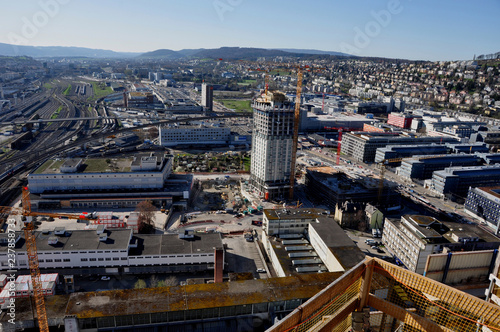 Panoramic view of the Westend of Zürich city with the construction site Mobimo Tower
