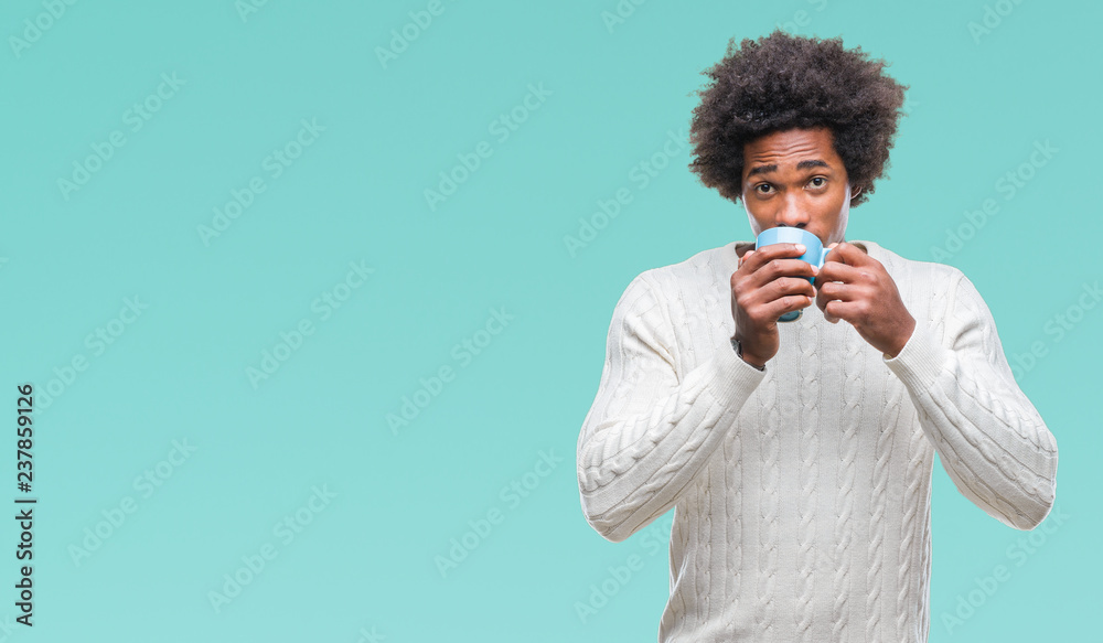 Afro american man drinking cup of coffee over isolated background with a confident expression on smart face thinking serious - obrazy, fototapety, plakaty 