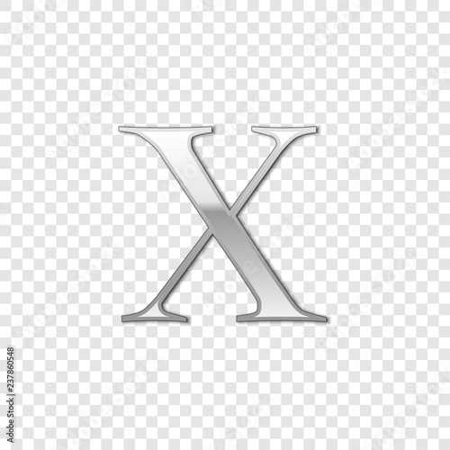 Silver Roman numeral number 10, X, ten in alphabet letter isolated on transparent background. Ancient Rome numeric system. Vector Illustration
