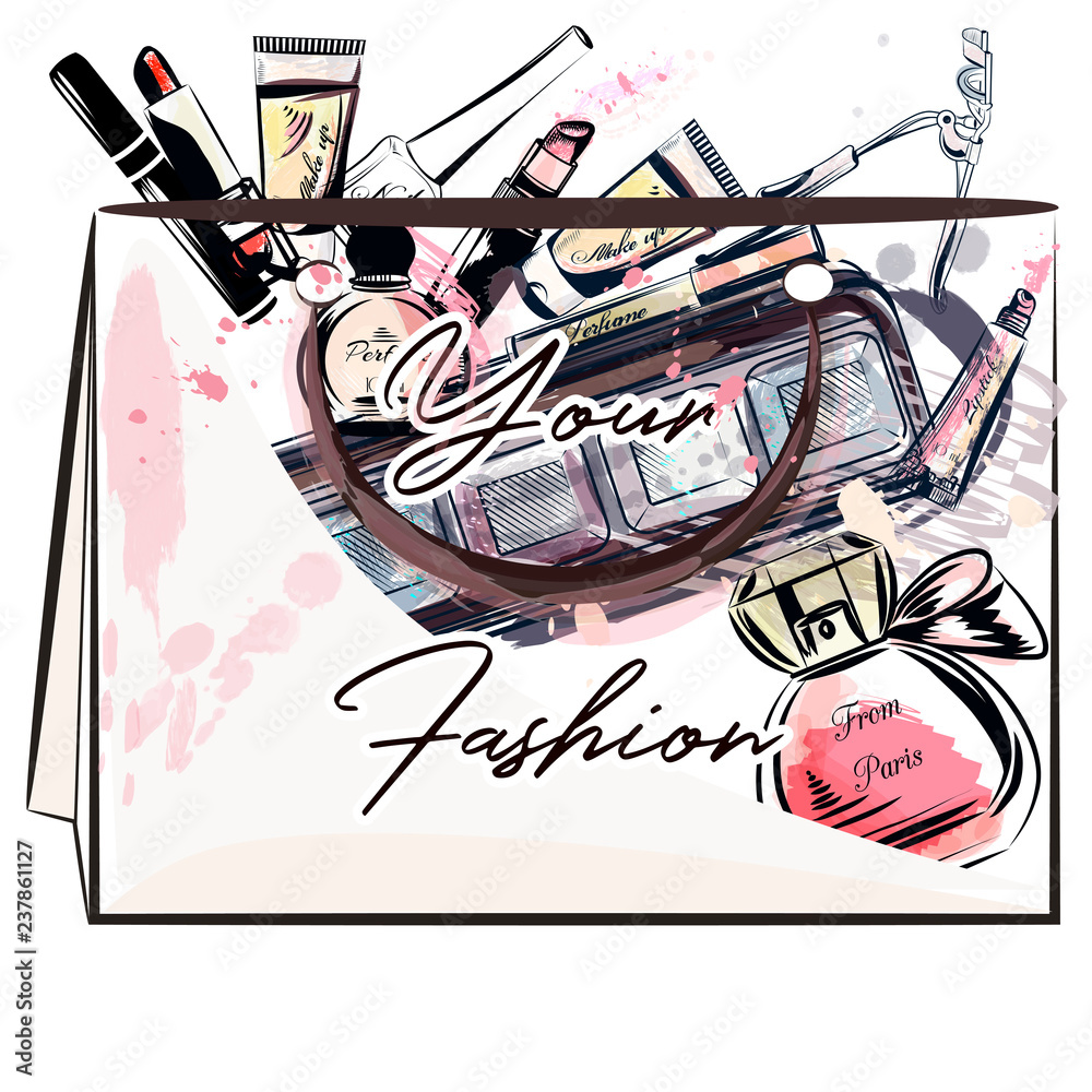 Fashion illustration vector bag full of makeup stuff. Lipstick, cream, perfume