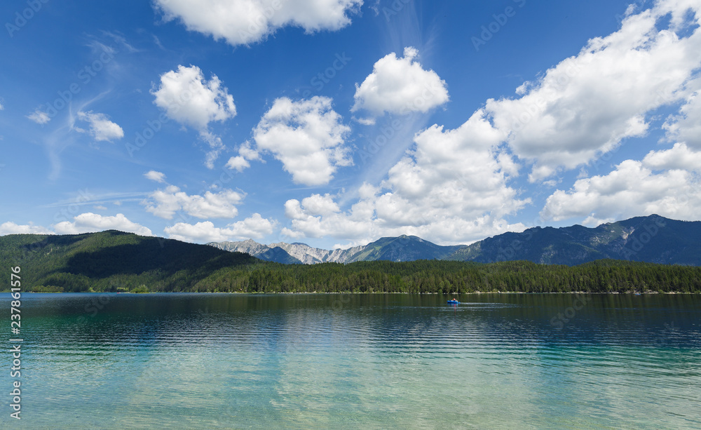 Beautiful weather at the Eibsee, perfect for a relaxing ride in the pedal boat.