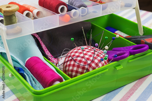 Box with the materials at hand sewing