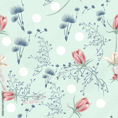 Floral seamless vector pattern with dandelions and pink cosmos flowers