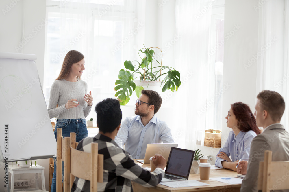 Millennial female employee make flipchart presentation for diverse employees during meeting, young mentor or coach talk giving educational business training to multiethnic workers in office Millennial female employee make flipchart presentation for diverse employees during meeting, young mentor or coach talk giving educational business training to multiethnic workers in office