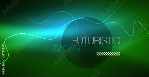 Abstract shiny glowinng color wave design element on dark background - science or technology concept