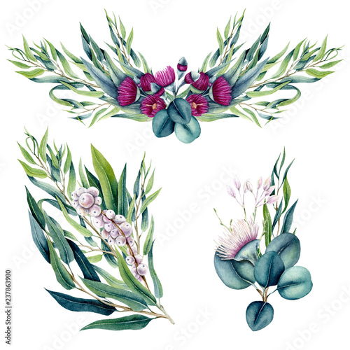 Set of Watercolor Bouquets with Eucalyptus Willow