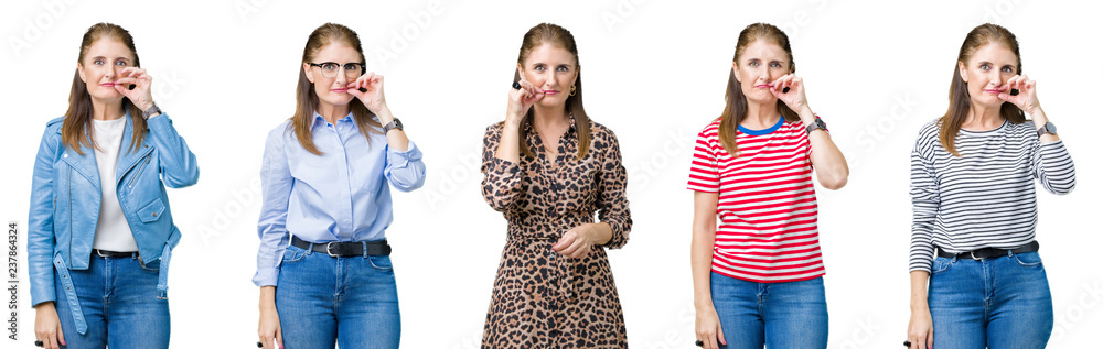 Collage of beautiful middle age woman over isolated background mouth and lips shut as zip with fingers. Secret and silent, taboo talking Collage of beautiful middle age woman over isolated background mouth and lips shut as zip with fingers. Secret and silent, taboo talking