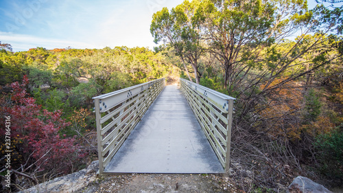 Straight on view of white steel bridge across dry gorge in fall colored forest