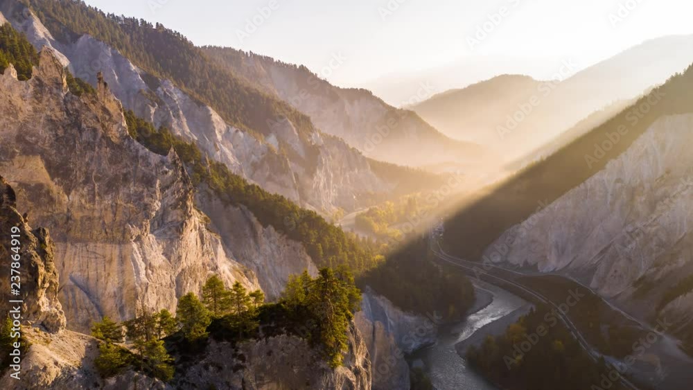 Aerial footage shot during the Sunrise in the Ruinaulta, Rheinschlucht also called the Swiss Grand Canyon located in Grisons. Filmed with the DJI Inspire 2 drone in 5.2k RAW and downscaled to 4k.