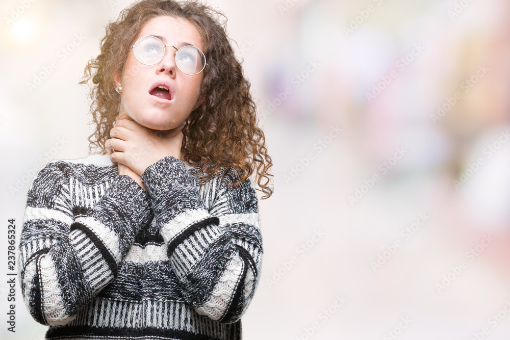 Beautiful brunette curly hair young girl wearing glasses over isolated background shouting and suffocate because painful strangle. Health problem. Asphyxiate and suicide concept. Beautiful brunette curly hair young girl wearing glasses over isolated background shouting and suffocate because painful strangle. Health problem. Asphyxiate and suicide concept.