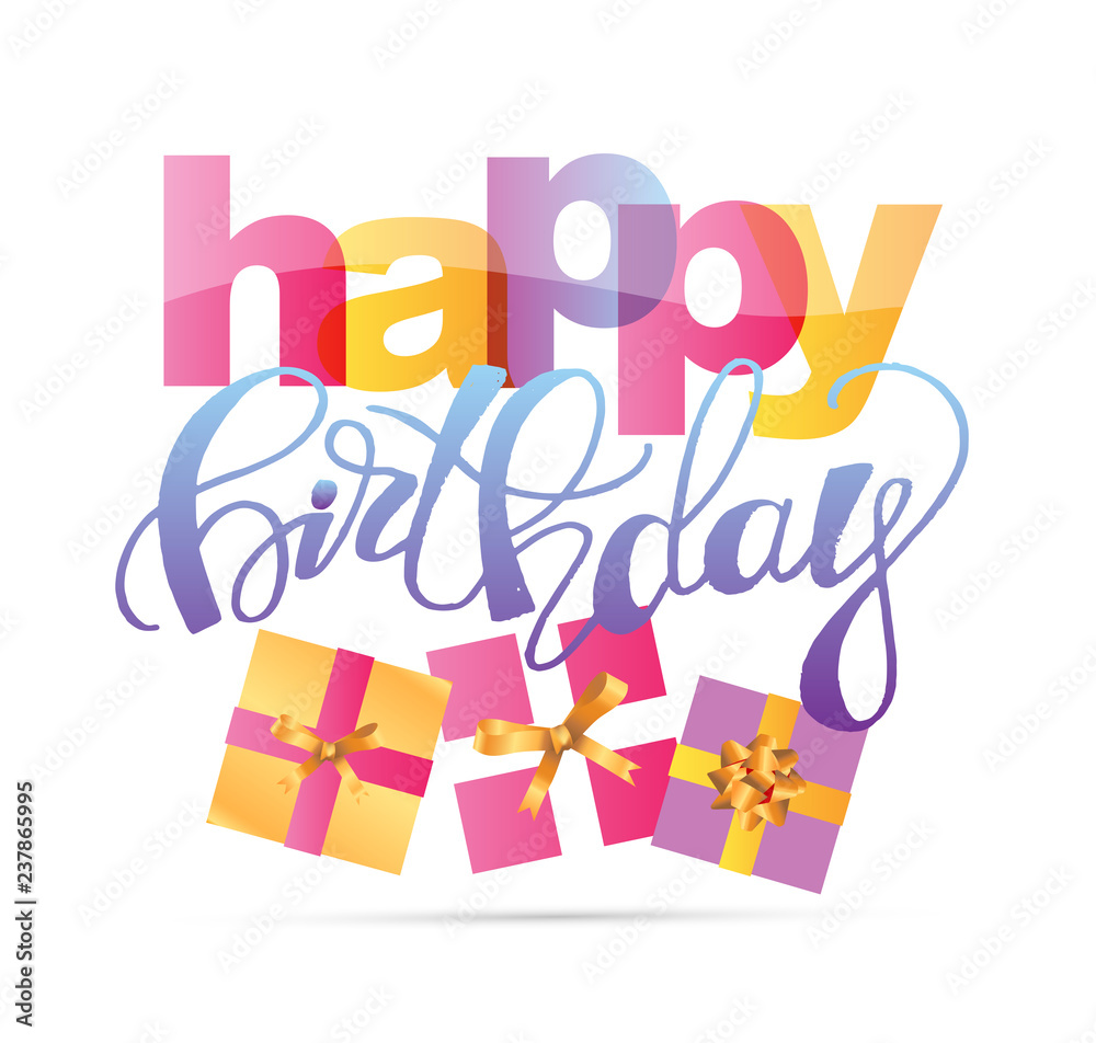 Happy birthday lettering color banner with present gift