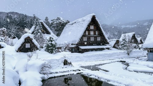 Snowfall in Shirakawa-go village in winter, UNESCO world heritage sites, Japan.