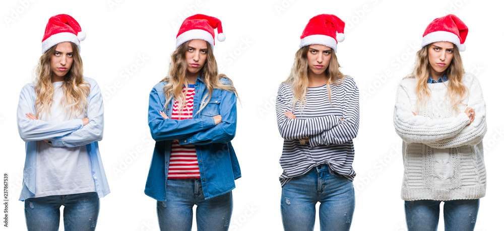 Young beautiful young woman wearing christmas hat over white isolated background skeptic and nervous, disapproving expression on face with crossed arms. Negative person.