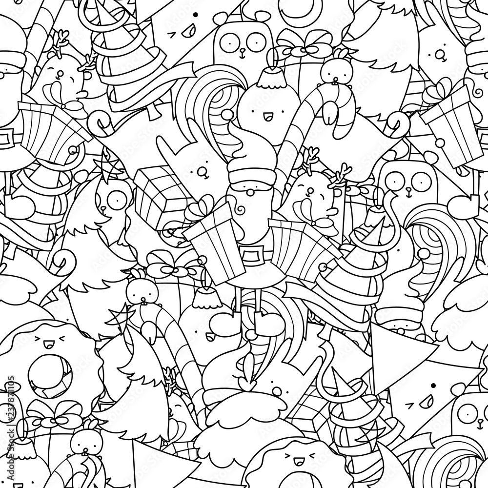 Christmas doodle seamless pattern. Santa with gifts and kawaii animals. Christmas tree and decorations. Easy to change colors, vector illustration.