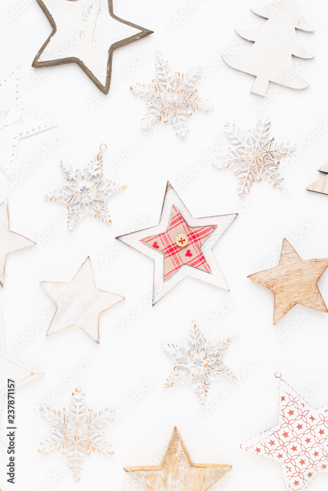Christmas composition. Christmas decorations on white background. Flat lay, top view Christmas composition. Christmas decorations on white background. Flat lay, top view
